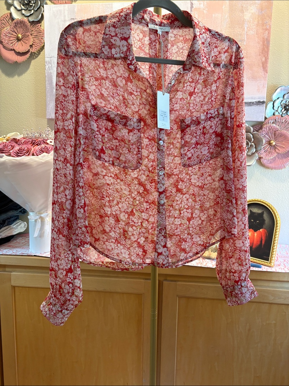 Z Supply Red Floral Sheer Button-Down Shirt